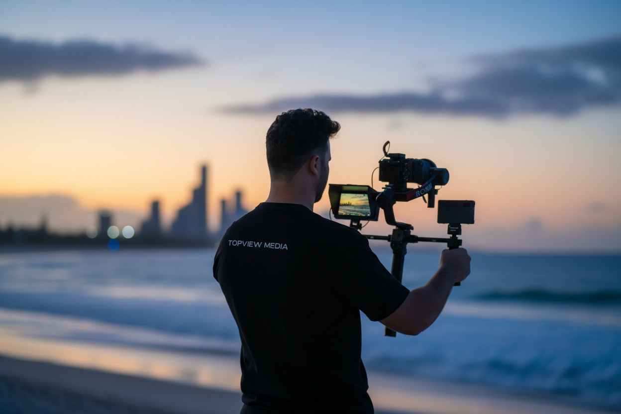 Event videographer on the Gold Coast filming a beachfront event at sunset with professional camera gear and coastal skyline in the background.